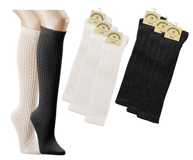 3 Paar TippTexx 24 Häkellook-Kniestrümpfe für Teenager und Damen, handgekettelt